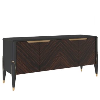 Credenza 7205 Iconic con 4 ante in ebano, top, fianchi e gambe laccati Black Brown con foglia oro, collezione Iconic – Guerra Vanni