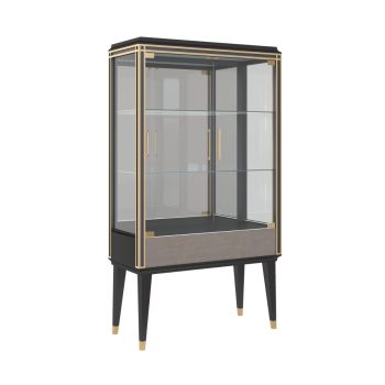 Vetrina 7211 Donatella con ante in vetro temperato, cassetto push-pull in eucalipto naturale e struttura laccata Deep Coffee con dettagli in foglia oro, collezione Iconic – Guerra Vanni