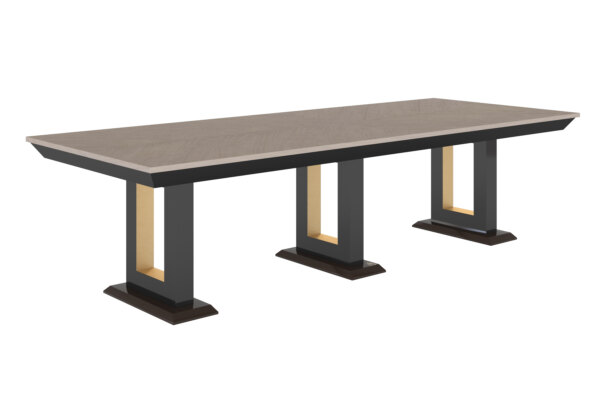 Tavolo rettangolare 7102 GIANNI con tre basi decorate in foglia oro, ideale per arredare soggiorni e sale da pranzo contemporanee