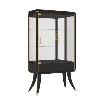 Vetrina 7234 Hypnotic con ante in vetro temperato e cassetto push-pull, laccata nera con dettagli in foglia oro e coppette sulle gambe, collezione Iconic – Guerra Vanni