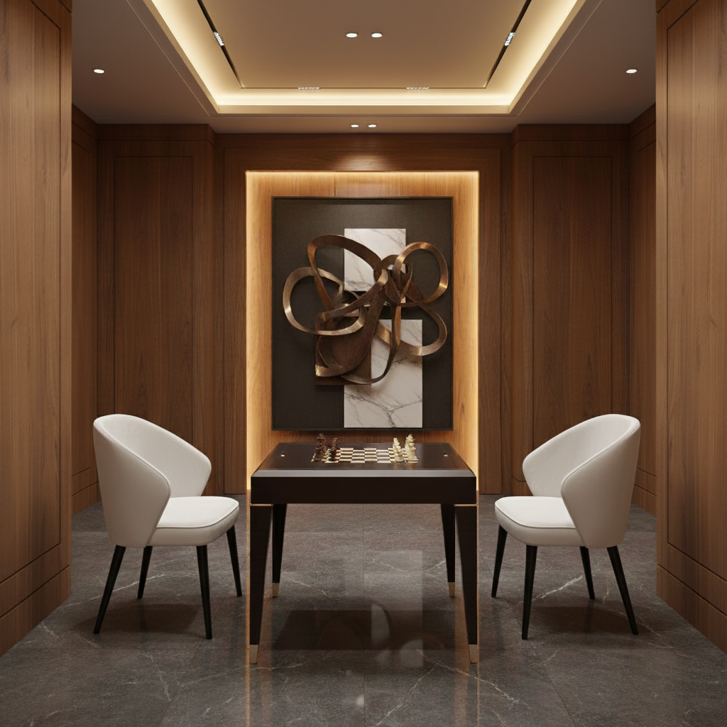Tavolo da gioco luxury Jake di Guerra Vanni, piano reversibile con scacchiera e superficie liscia, finitura espresso con foglia d'argento anticata